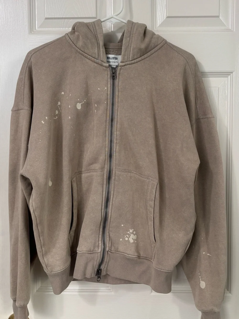 Hollister Baggy Cinch Fit Zip-Up Hoodie with Cream Paint Splatter